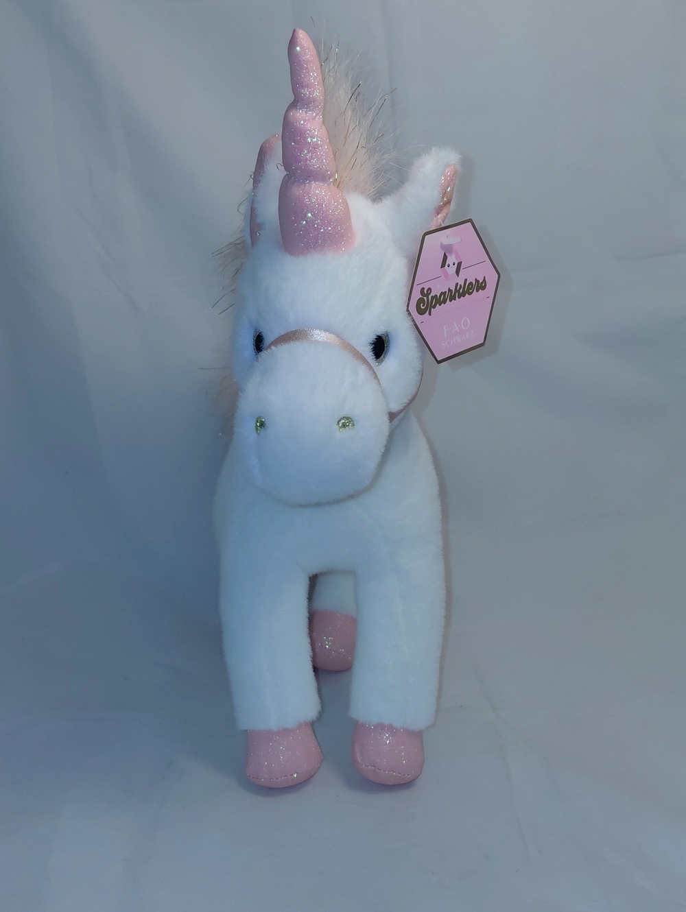 FAO Schwarz White Unicorn Pink Mane Sparkly Plush Stuffed Animal 15"